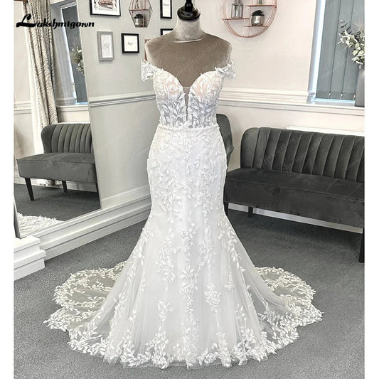 NumberSea - NumberSea Luxury Lace Appliques Mermaid Wedding Dress with Detachable Sleeves Boho Trumpet Women Civil Bridal Wedding Gowns