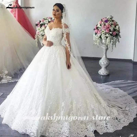 NumberSea - NumberSea Luxury Lace Boat Neck Ball Gown Wedding Dresses Sweetheart