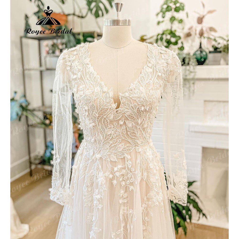 NumberSea - NumberSea Luxury Long Sleeve Lace Floral Wedding Dress with V Neck 2025 Appliques Boho Bridal Gown Women vestido de novia para boda civil