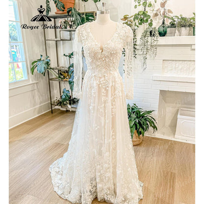 NumberSea - NumberSea Luxury Long Sleeve Lace Floral Wedding Dress with V Neck 2025 Appliques Boho Bridal Gown Women vestido de novia para boda civil