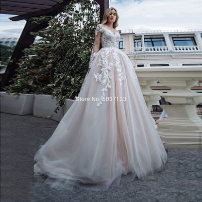 NumberSea - NumberSea Luxury Long Sleeves Wedding Dresses 2024 A Line V Neck Bridal Wedding Gown Lace Appliques Floor Length