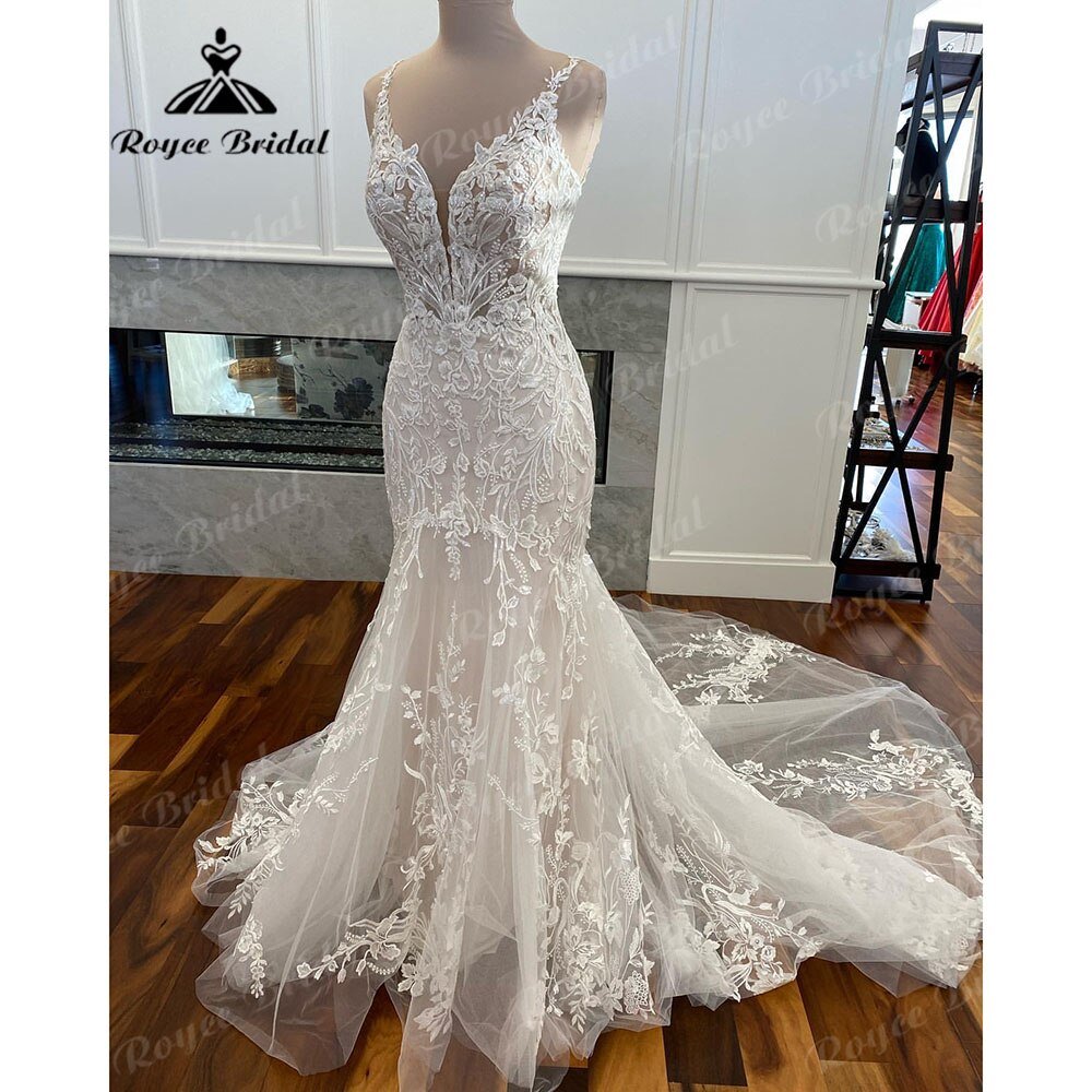 NumberSea - NumberSea Luxury Mermaid/Trumpet Lace Wedding Dress for Women 2025 Wedding Gowns Spaghetti Straps vestido de boda corte sirena NumberSea