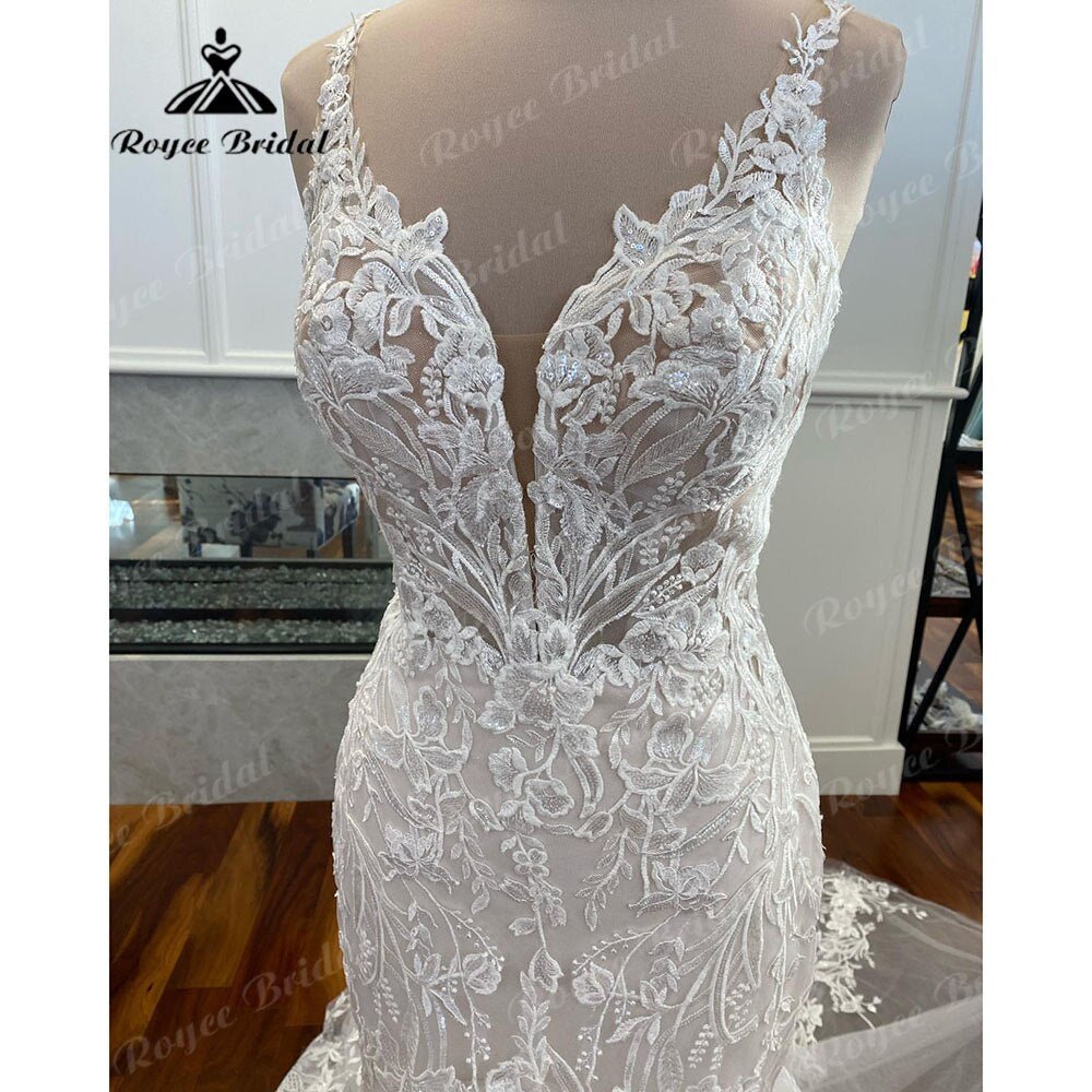 NumberSea - NumberSea Luxury Mermaid/Trumpet Lace Wedding Dress for Women 2025 Wedding Gowns Spaghetti Straps vestido de boda corte sirena NumberSea