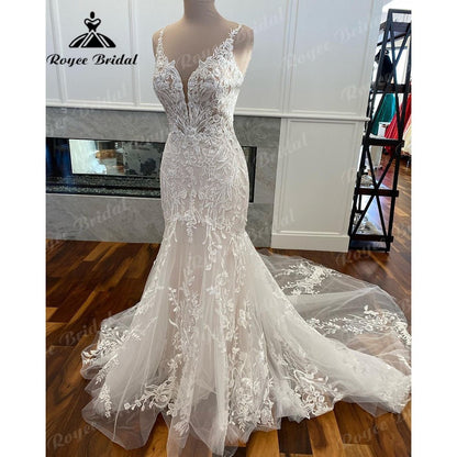 NumberSea - NumberSea Luxury Mermaid/Trumpet Lace Wedding Dress for Women 2025 Wedding Gowns Spaghetti Straps vestido de boda corte sirena NumberSea