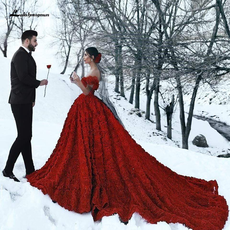 NumberSea - NumberSea Luxury Red Lace Foral Wedding Dresses Long Train