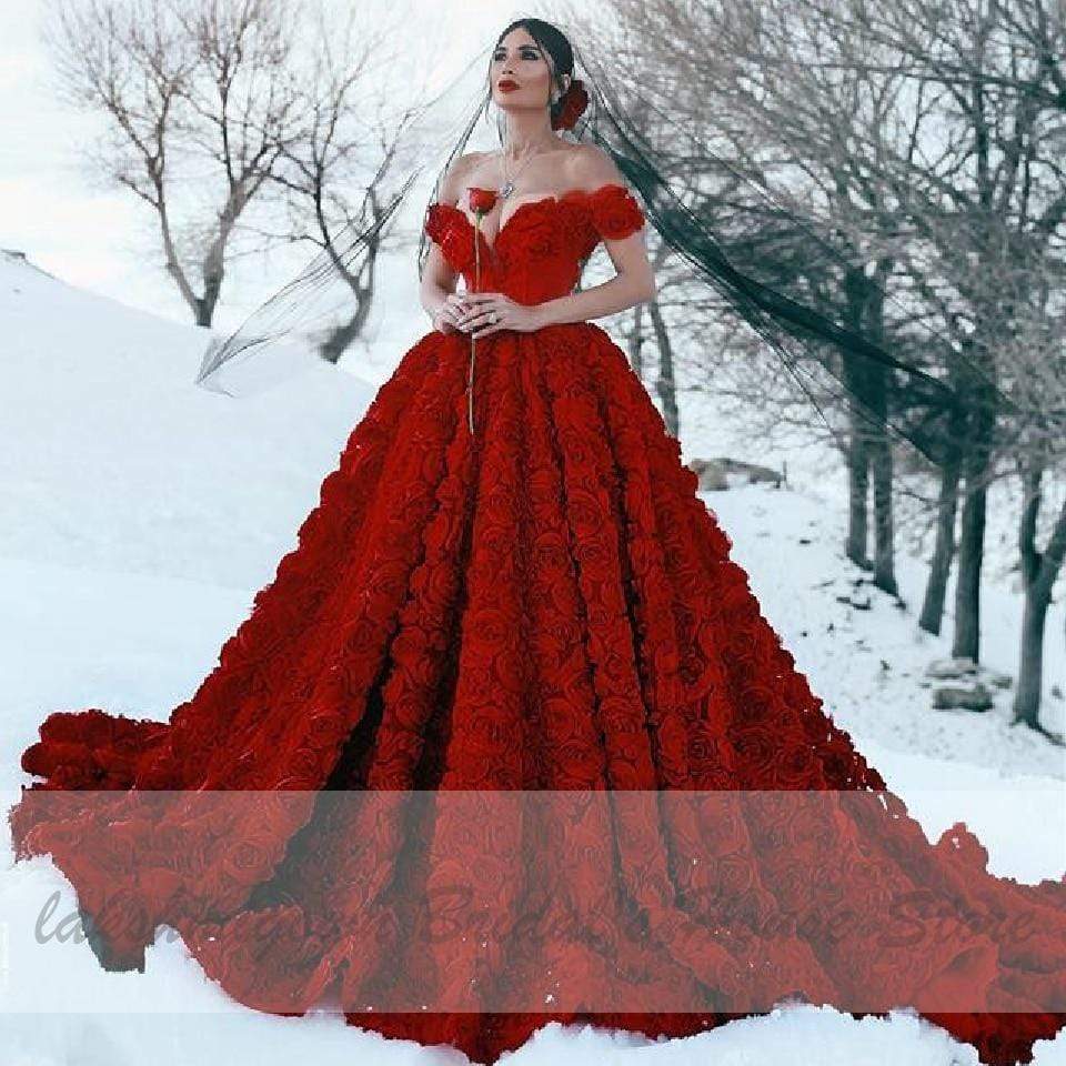 NumberSea - NumberSea Luxury Red Lace Foral Wedding Dresses Long Train