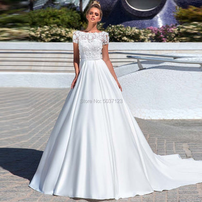 NumberSea - NumberSea Luxury Satin A Line Wedding Dresses with Pockets Top Full Beads Scoop Cap Sleeves Long Pleated Bridal Gowns Vestidos Noiva