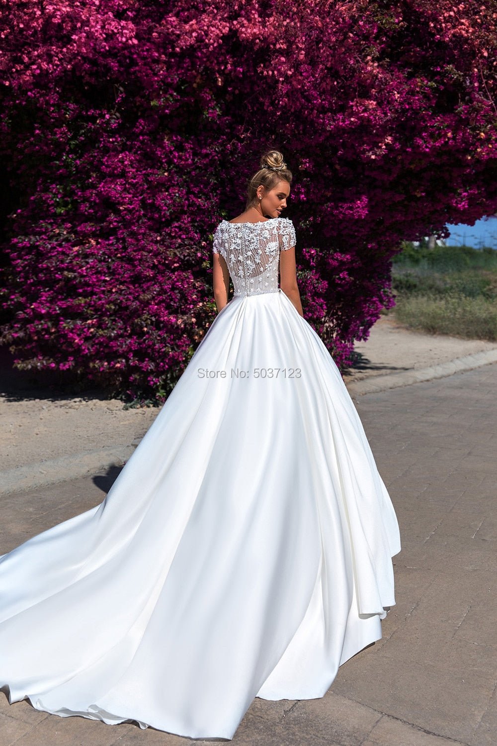 NumberSea - NumberSea Luxury Satin A Line Wedding Dresses with Pockets Top Full Beads Scoop Cap Sleeves Long Pleated Bridal Gowns Vestidos Noiva