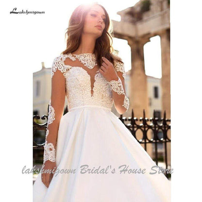 NumberSea - NumberSea Luxury Satin Wedding Dress Long Sleeve Sheer Illusion Lace Top