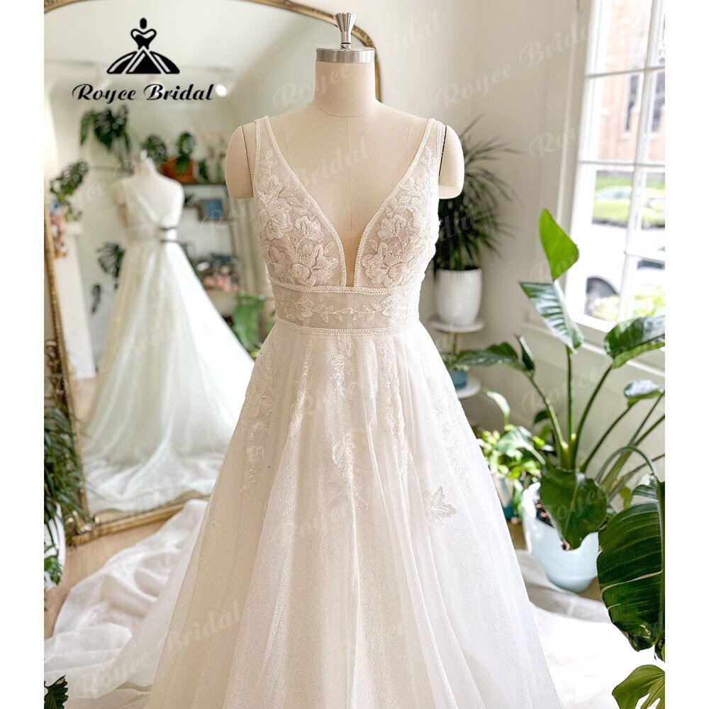 NumberSea - NumberSea Luxury Shiny Glitter Plunging V Neck Lace Wedding Dress for Women 2025 Sleeveless Bridal Gown Custom Made vestido de casamento