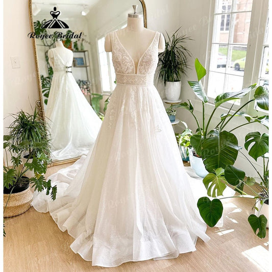 NumberSea - NumberSea Luxury Shiny Glitter Plunging V Neck Lace Wedding Dress for Women 2025 Sleeveless Bridal Gown Custom Made vestido de casamento