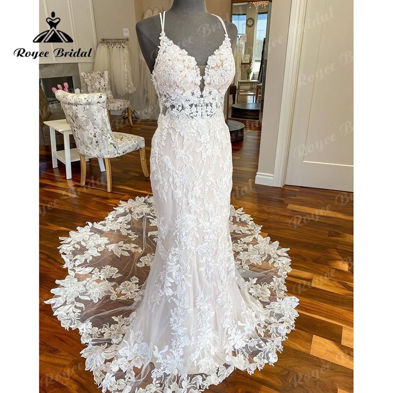 NumberSea - NumberSea Luxury V Neck Lace Appliques Spaghetti Straps Wedding Dress Mermaid/Trumpet Court Train Vestido De Novia Wedding Gowns for Women