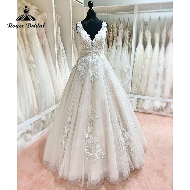 NumberSea - NumberSea Mariage trajes de novias largos A Line Lace Aplliqued V Neck Wedding Dress Sleeveless Backless Bridal Gowns vestido de novia