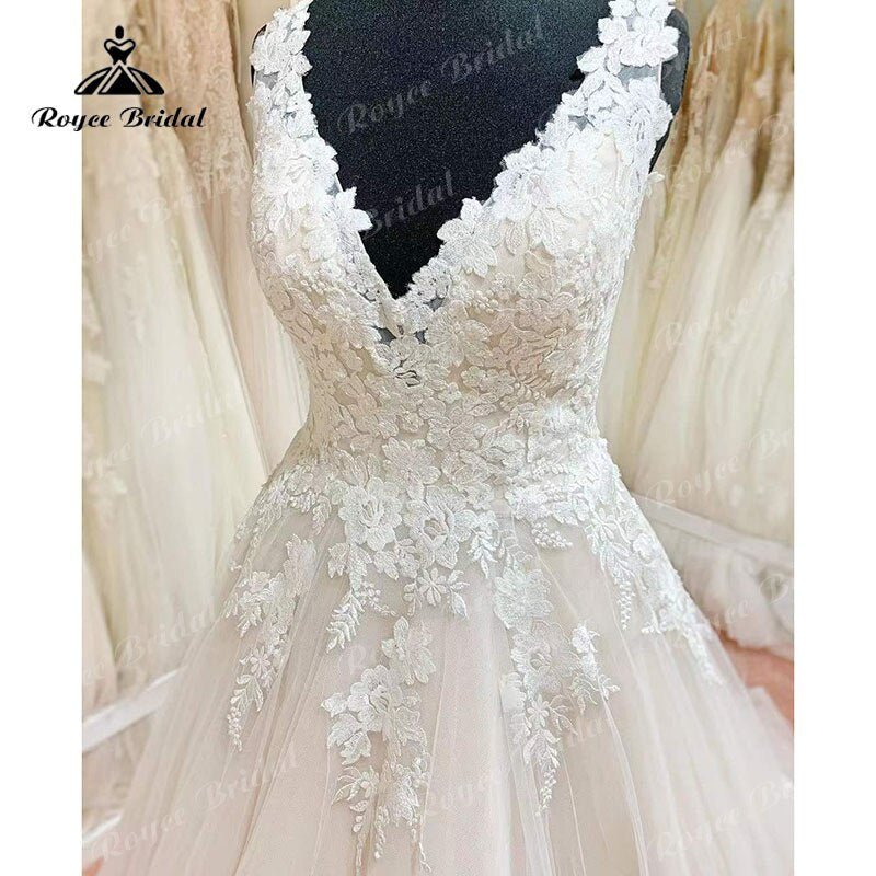 NumberSea - NumberSea Mariage trajes de novias largos A Line Lace Aplliqued V Neck Wedding Dress Sleeveless Backless Bridal Gowns vestido de novia