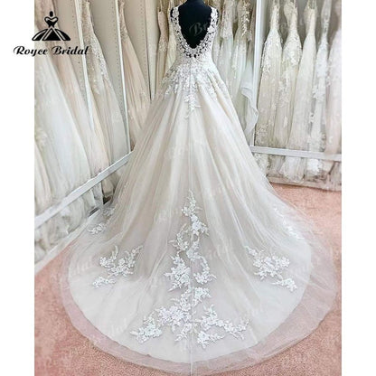 NumberSea - NumberSea Mariage trajes de novias largos A Line Lace Aplliqued V Neck Wedding Dress Sleeveless Backless Bridal Gowns vestido de novia