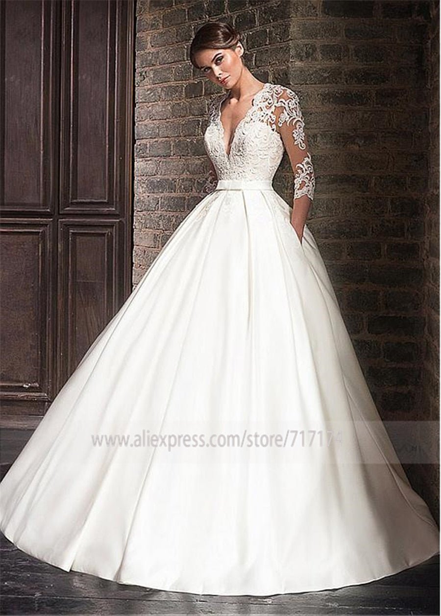 NumberSea - NumberSea Marvelous Satin V - Neck A - Line Wedding Dresses With Lace Appliques Half Sleeves Bridal Dress with Pocket vestidos de formatura