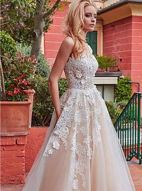 NumberSea - NumberSea Marvelous Tulle Jewel Neckline A - line Wedding Dress With Lace Appliques & 3D Flowers Champagne Bridal Gowns