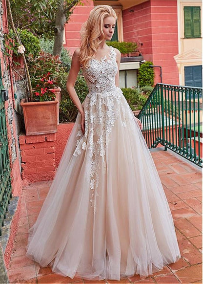 NumberSea - NumberSea Marvelous Tulle Jewel Neckline A - line Wedding Dress With Lace Appliques & 3D Flowers Champagne Bridal Gowns