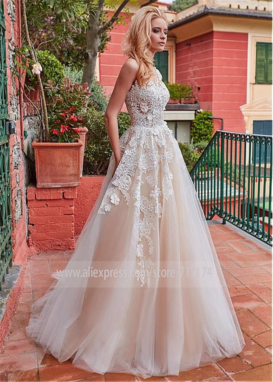 NumberSea - NumberSea Marvelous Tulle Jewel Neckline A - line Wedding Dress With Lace Appliques & 3D Flowers Champagne Bridal Gowns