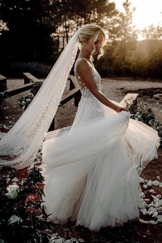 NumberSea - NumberSea Marvelous Tulle V - neck A - line Wedding Dresses With Flowers Bridal Gowns,MW456