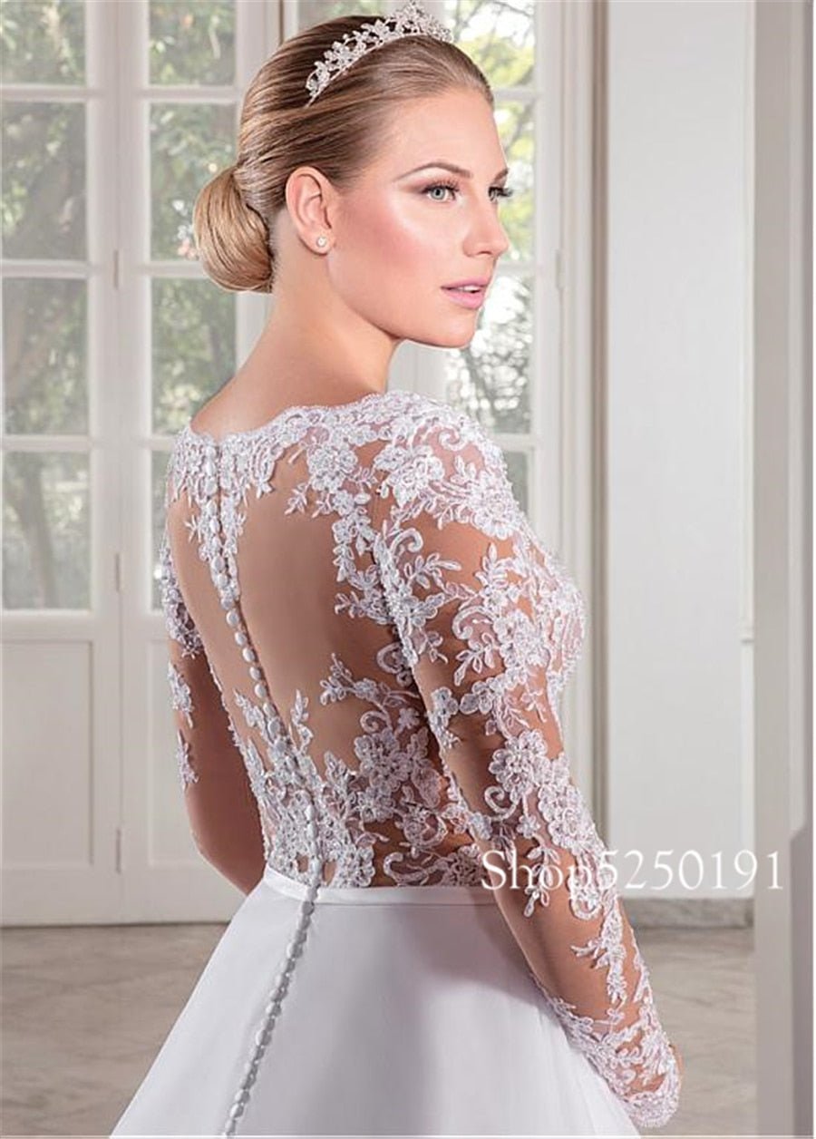 NumberSea - NumberSea Marvelous Tulle V - neck Neckline See - through Bodice A - line Wedding Dress Long Sleeves Illusion Back Bridal Gowns