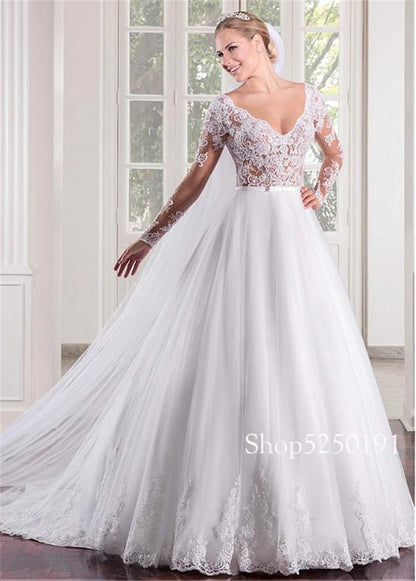 NumberSea - NumberSea Marvelous Tulle V - neck Neckline See - through Bodice A - line Wedding Dress Long Sleeves Illusion Back Bridal Gowns