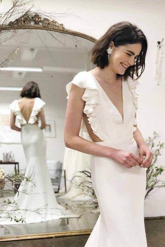 NumberSea - NumberSea Mermaid Backless Cap Sleeves V - neck Wedding Dresses with Ruffles, MW718