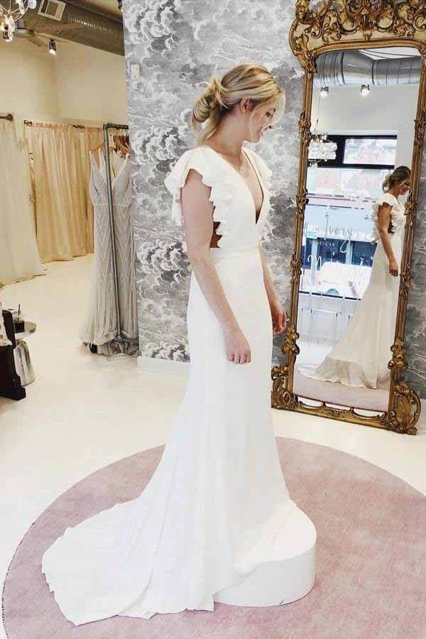 NumberSea - NumberSea Mermaid Backless Cap Sleeves V - neck Wedding Dresses with Ruffles, MW718