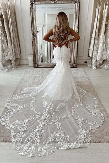 NumberSea - NumberSea Mermaid Deep V - neck Backless Lace Wedding Dresses With Chapel Train, MW809