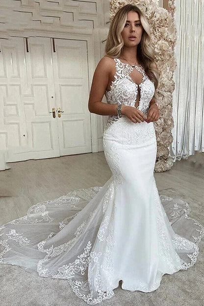 NumberSea - NumberSea Mermaid Deep V - neck Backless Lace Wedding Dresses With Chapel Train, MW809