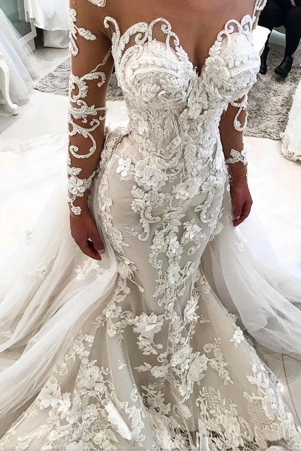 NumberSea - NumberSea Mermaid Detachable Train Long Sleeves Scoop Wedding Dresses With Applique,MW484