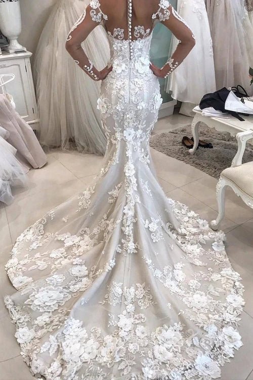 NumberSea - NumberSea Mermaid Detachable Train Long Sleeves Scoop Wedding Dresses With Applique,MW484