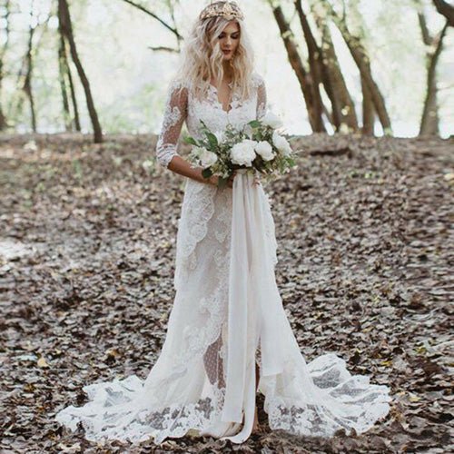 NumberSea - NumberSea Mermaid Gown with Unlined Sleeves Wedding Dress Front Slit Ivory Lace Bridal dress,MW349