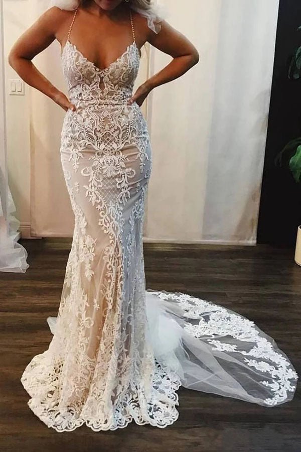 NumberSea - NumberSea Mermaid Lace Appliques Spaghetti Straps V - Neck Ivory Wedding Dresses,MW311