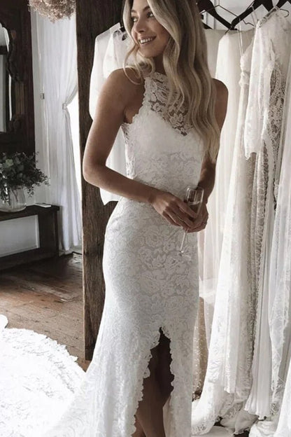 NumberSea - NumberSea Mermaid Lace Open Back Side Split Long Wedding Dresses, Bridal Gowns, MW758