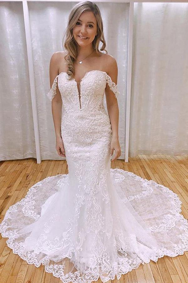 NumberSea - NumberSea Mermaid Off - the - Shoulder Lace Appliques Wedding Dresses With Train, MW760