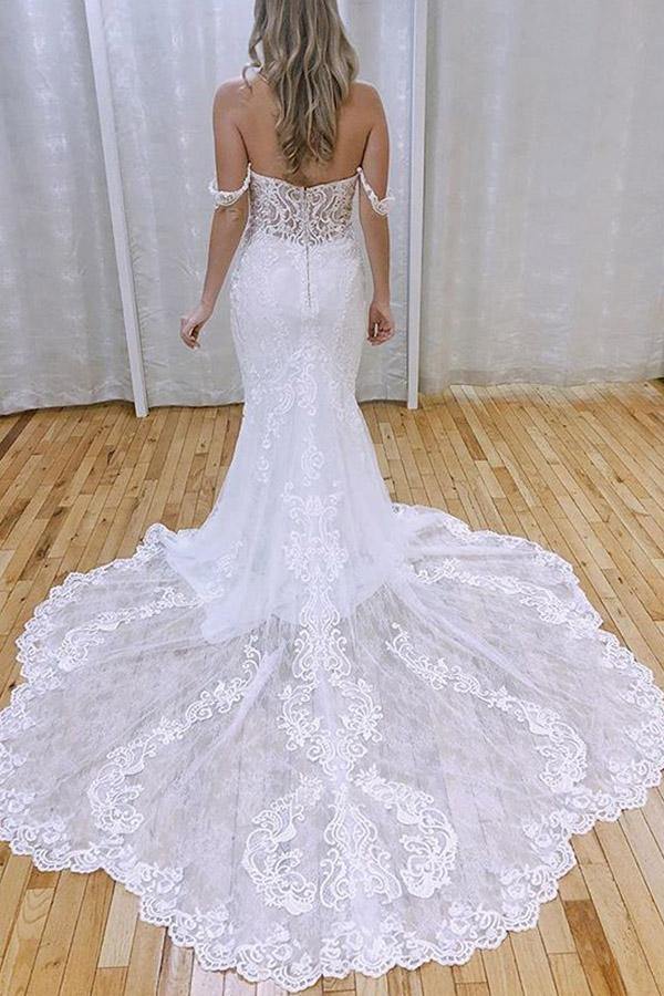 NumberSea - NumberSea Mermaid Off - the - Shoulder Lace Appliques Wedding Dresses With Train, MW760