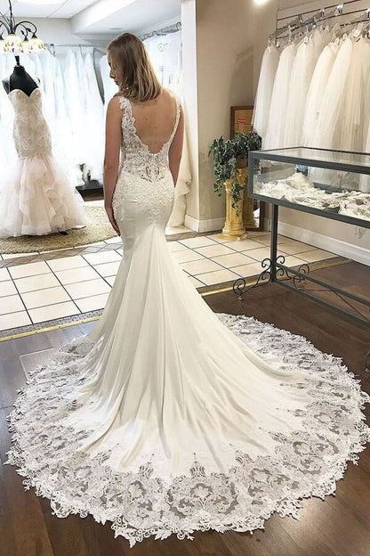 NumberSea - NumberSea Mermaid Satin Lace V - neck Appliqued Wedding Dresses With Chapel Train, MW603