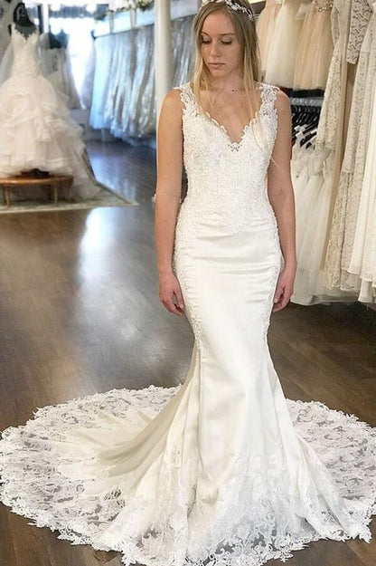 NumberSea - NumberSea Mermaid Satin Lace V - neck Appliqued Wedding Dresses With Chapel Train, MW603