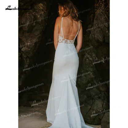 NumberSea - NumberSea Mermaid Soft Satin Wedding Dresses Spaghetti Straps Sleeveless Sexy Low V - Neck Beading Lace Appliques Cathedral Train Bride Gown