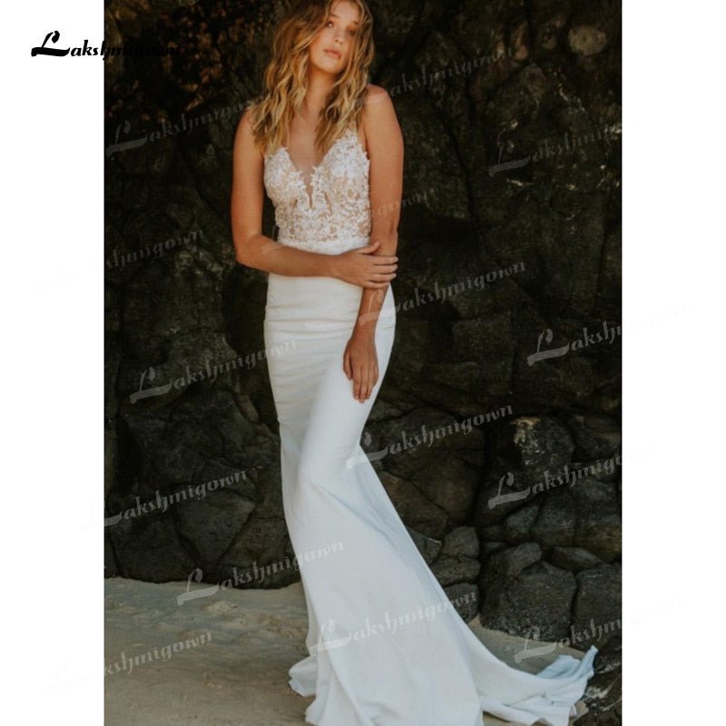 NumberSea - NumberSea Mermaid Soft Satin Wedding Dresses Spaghetti Straps Sleeveless Sexy Low V - Neck Beading Lace Appliques Cathedral Train Bride Gown