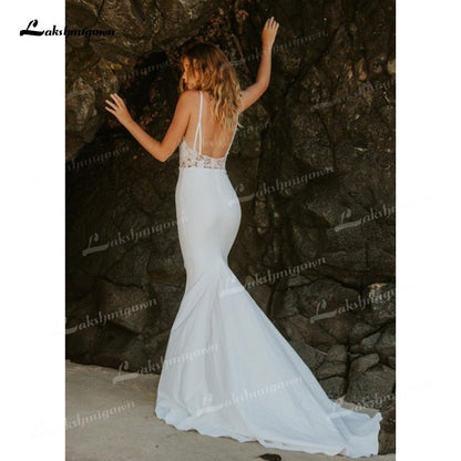 NumberSea - NumberSea Mermaid Soft Satin Wedding Dresses Spaghetti Straps Sleeveless Sexy Low V - Neck Beading Lace Appliques Cathedral Train Bride Gown