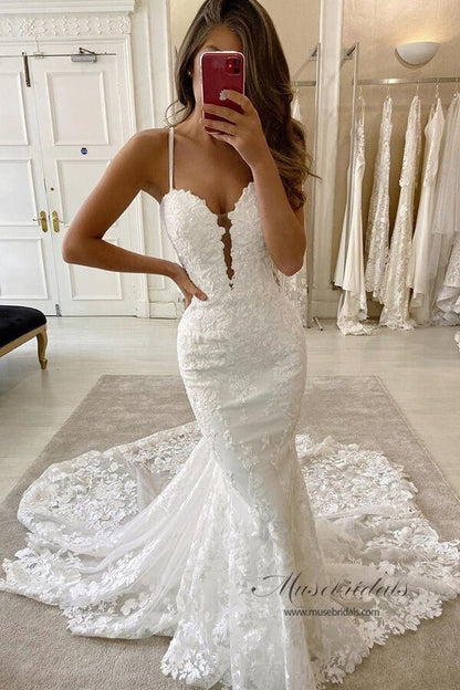 NumberSea - NumberSea Mermaid Spaghetti Straps Deep V Neck Wedding Dress With Chanpel Train, MW516