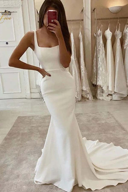 NumberSea - NumberSea Mermaid Square Neck Wedding Dresses With Train, Satin Wedding Gowns, MW705