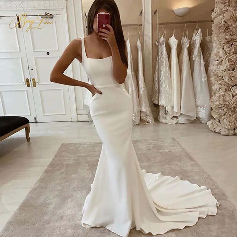 NumberSea - NumberSea Mermaid Square Neck Wedding Dresses With Train, Satin Wedding Gowns, MW705