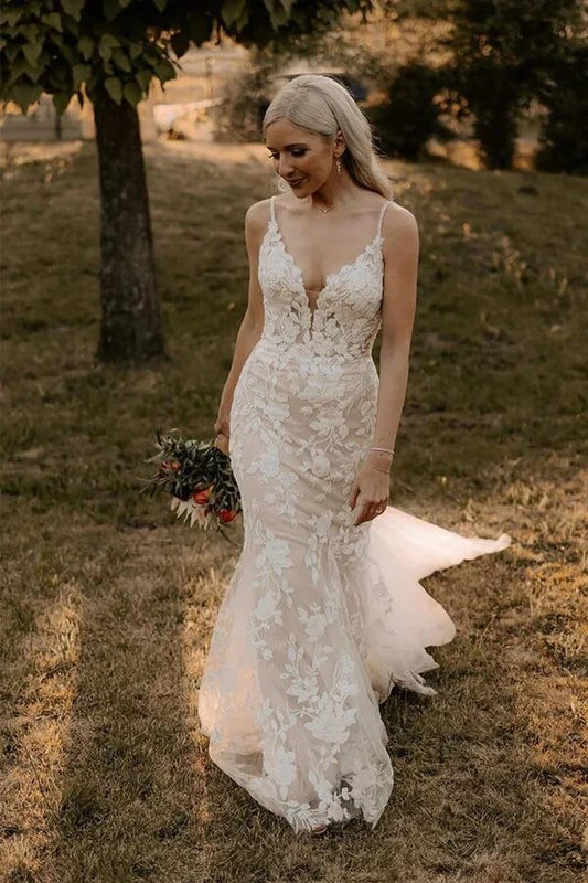 NumberSea - NumberSea Mermaid Tulle V - neck Wedding Dresses With Appliques, Bridal Gown, MW977