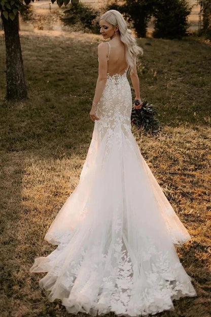 NumberSea - NumberSea Mermaid Tulle V - neck Wedding Dresses With Appliques, Bridal Gown, MW977