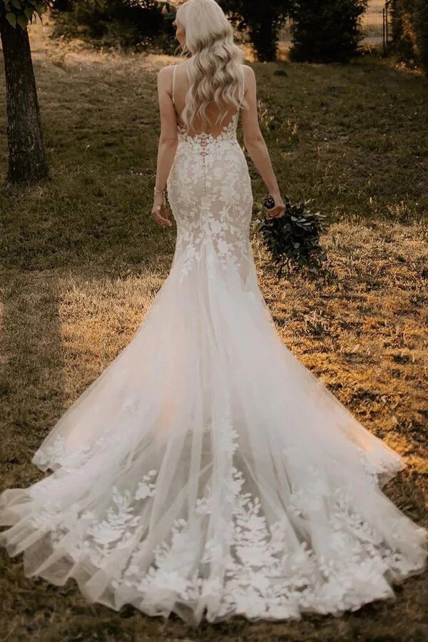 NumberSea - NumberSea Mermaid Tulle V - neck Wedding Dresses With Appliques, Bridal Gown, MW977