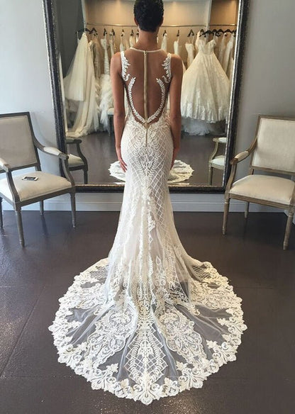 NumberSea - NumberSea Mermaid V - neck Lace Wedding Dresses With Court Train, Wedding Gown, MW797