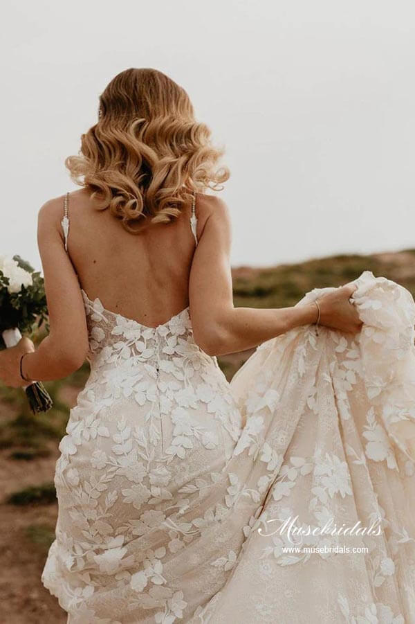 NumberSea - NumberSea Mermaid V - neck Open Back Lace Appliques Beach Wedding Dresses, MW871